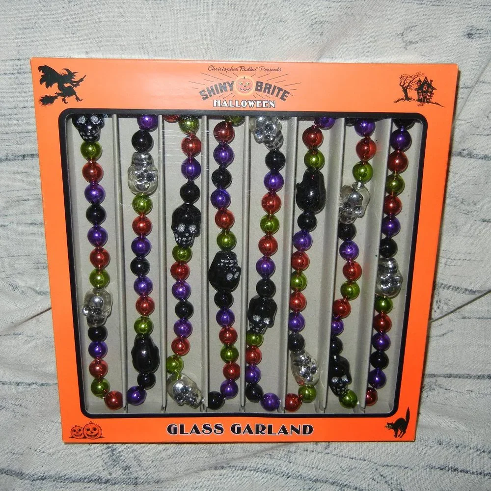 Retired Shiny Brite Halloween Glass Ball & Skull Multicolor Holiday Garland 84